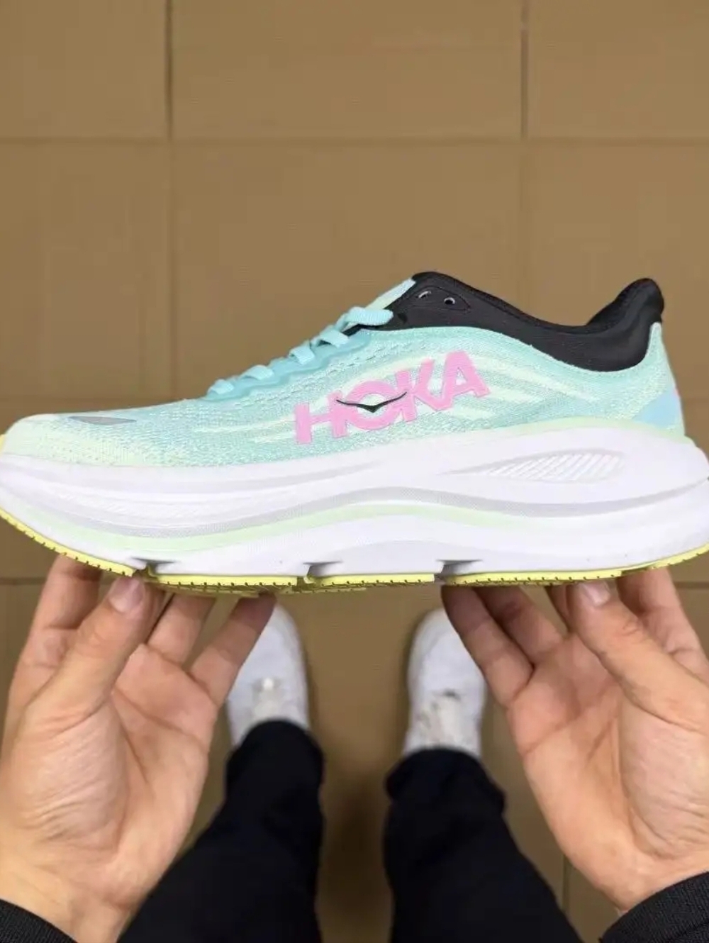 Hoka Bondi 9 Women's Running Shoe - Mint Upper with Pink Logo and Black Collar